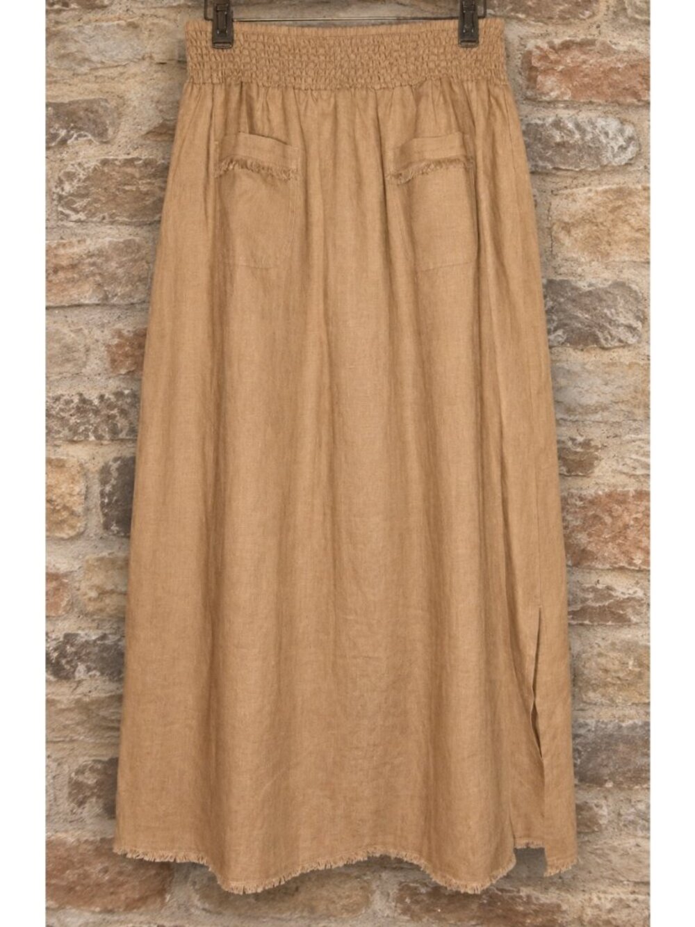 Nomad The Label New XL Aurora Maxi Skirt 100% Linen Pull On Pockets Elastic Tan